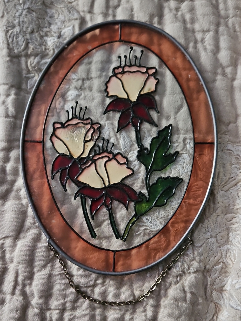Handcrafted Stained Glass Wall Hanging With Cream And Red Flowers